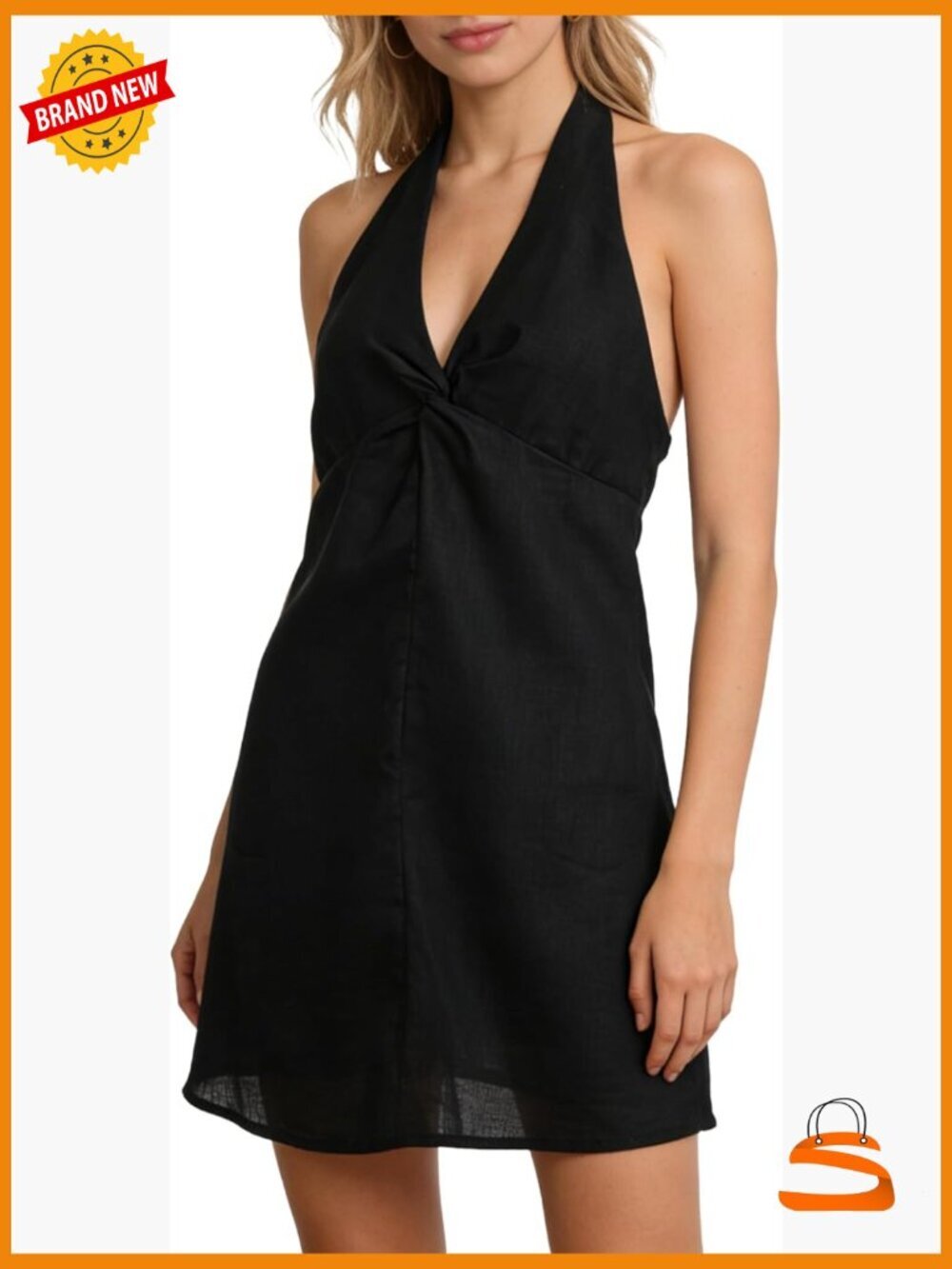 100% Linen Halter Tie Mini Dress V Neck Backless